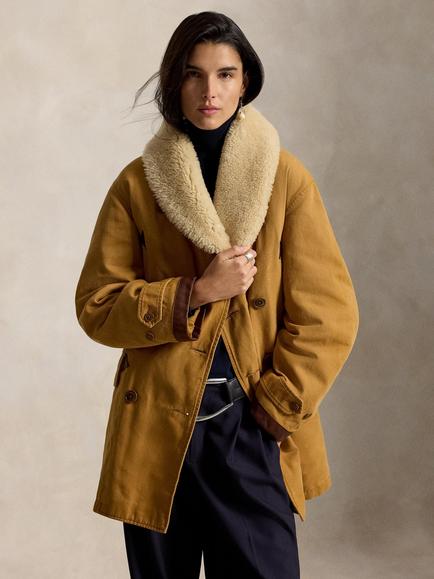 Polo Ralph Lauren Double Breasted Belted Waist Shearling Collar Coat, Khaki, Khaki