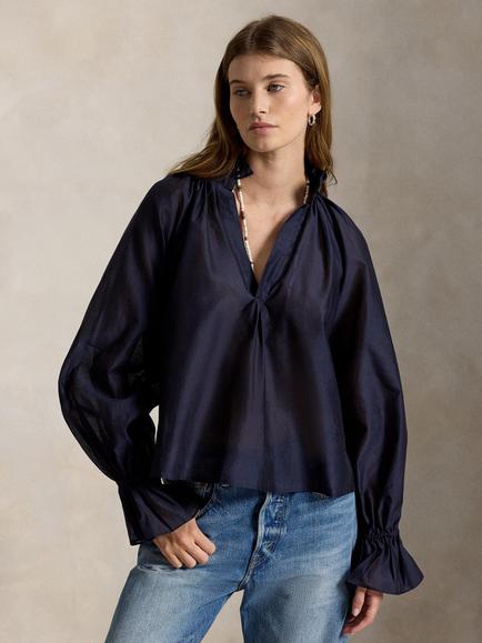 Polo Ralph Lauren Gathered Neck Organza Blouse, Hunter Navy, Hunter Navy