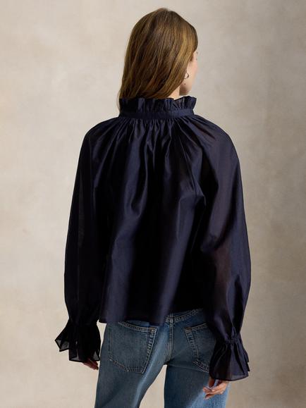 Polo Ralph Lauren Gathered Neck Organza Blouse, Hunter Navy - view 2, Hunter Navy