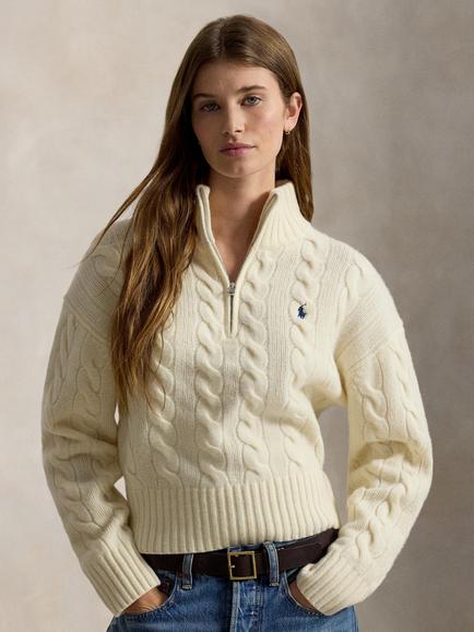 Polo Ralph Lauren Wool Blend Cable Knit Crew Neck Jumper, Authentic Cream, Authentic Cream