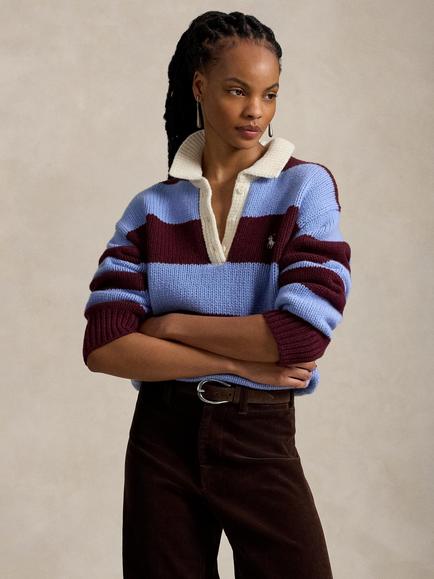 Polo Ralph Lauren Striped Wool Blend Rugby Jumper, Harvard Wine/Nwlitch Blue, Harvard Wine Nwlitch Blue