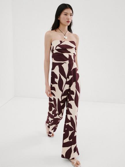 Mango Bandeau Leaf Print Wide Leg Jumpsuit, Raw, Raw
