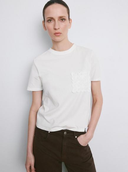 Mango Embroidered Pocket Crew Neck T-Shirt, Off White, Off White