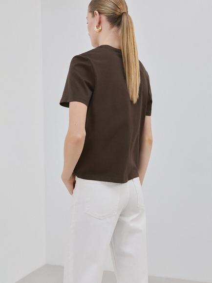 Mango Embroidered Pocket Crew Neck T-Shirt, Chocolate - view 2, Chocolate