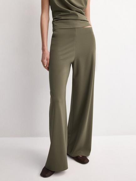 Mango Mid-Rise Wide-Leg Elastic Waist Trousers, Khaki, Khaki