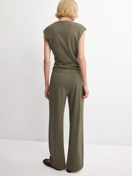 Mango Mid-Rise Wide-Leg Elastic Waist Trousers, Khaki - view 2, Khaki
