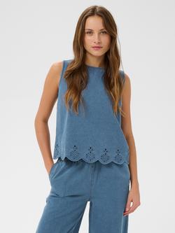 Saint Tropez Rozlynnsz Embroidered Scallop Hem Top, Medium Blue Denim, Medium Blue Denim
