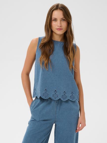 Saint Tropez Rozlynnsz Embroidered Scallop Hem Top, Medium Blue Denim, Medium Blue Denim