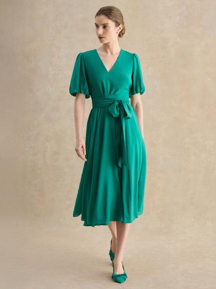 Hobbs Barrington Puff Sleeve Flared Dress, Meadow Green, Meadow Green