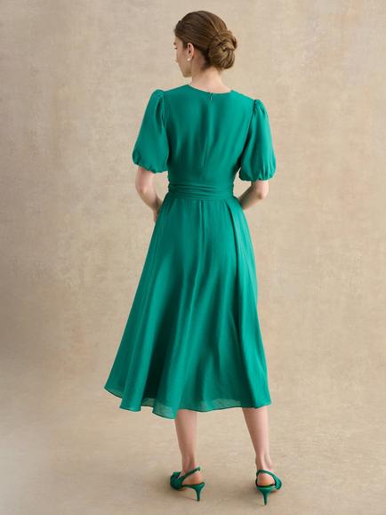 Hobbs Barrington Puff Sleeve Flared Dress, Meadow Green - view 2, Meadow Green