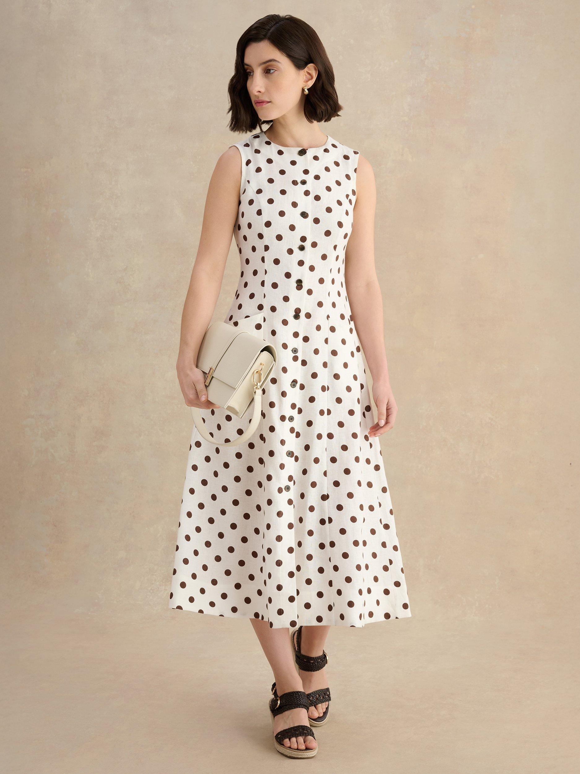 Hobbs Carmen Polka Dot Pure Linen Dress, Brown/Ivory