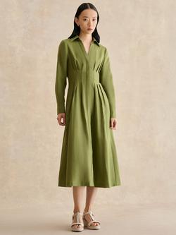 Hobbs Chrissy Pleated Waist Pure Linen Dress, Green, Green
