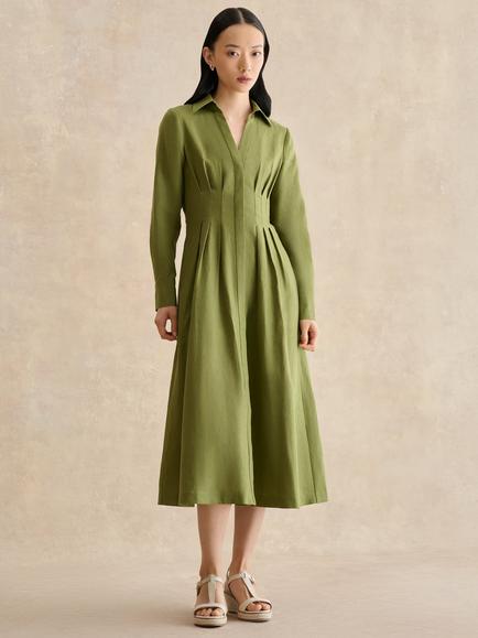 Hobbs Chrissy Pleated Waist Pure Linen Dress, Green, Green