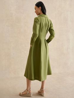 Hobbs Chrissy Pleated Waist Pure Linen Dress, Green - view 2, Green