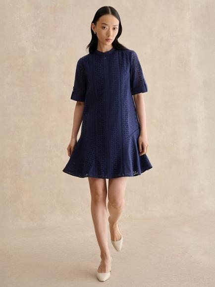 Hobbs Jasmine Short Sleeve Broderie Anglaise Mini Dress, True Navy, True Navy