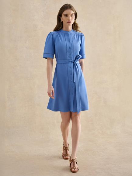 Hobbs Livvie Puff Sleeve Tie Waist Cutwork Dress, Blue, Blue