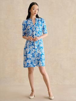 Hobbs Lucille Short Sleeve V-Neck Knee Length Dress, True Blue/Ivory, True Blue/Ivory