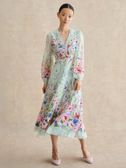 Hobbs Monica Pure Silk Long Sleeve Floral Dress, Pale Green/Multi, Pale Green/Multi