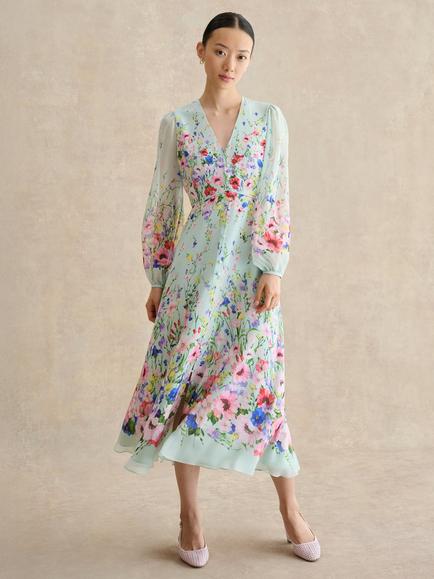 Hobbs Monica Pure Silk Long Sleeve Floral Dress, Pale Green/Multi, Pale Green/Multi