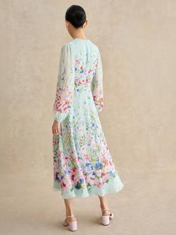 Hobbs Monica Pure Silk Long Sleeve Floral Dress, Pale Green/Multi - view 2, Pale Green/Multi