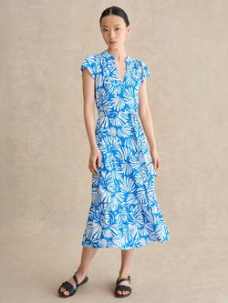 Hobbs Nadine Flutter Sleeve Abstract Midi Dress, Light Blue/Ivory, Light Blue/Ivory