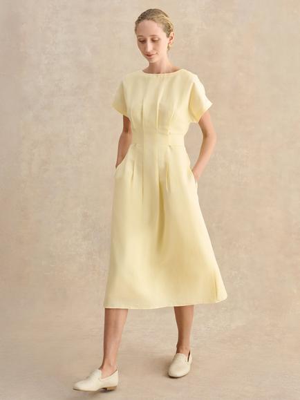 Hobbs Petite Aliya Linen Blend Short Sleeve Dress, Yellow, Yellow