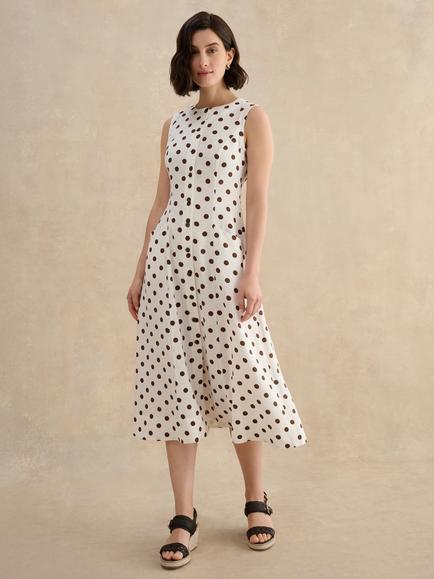 Hobbs Petite Carmen Polka Dot Pure Linen Dress, Ivory/Brown, Ivory/Brown