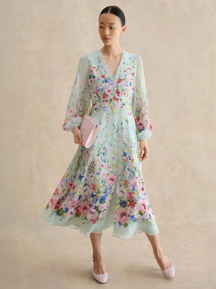 Hobbs Petite Monica Pure Silk Long Sleeve Floral Dress, Pale Green/Multi, Pale Green/Multi