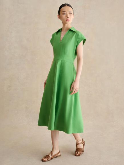 Hobbs Shona Pure Linen Open Collar Midi Dress, Green, Green