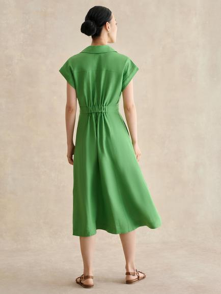 Hobbs Shona Pure Linen Open Collar Midi Dress, Green - view 2, Green