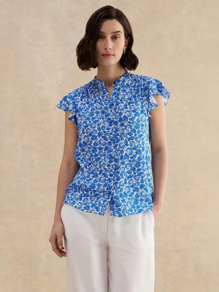 Hobbs Huda Abstract Flutter Sleeve Shirt, Blue, Blue