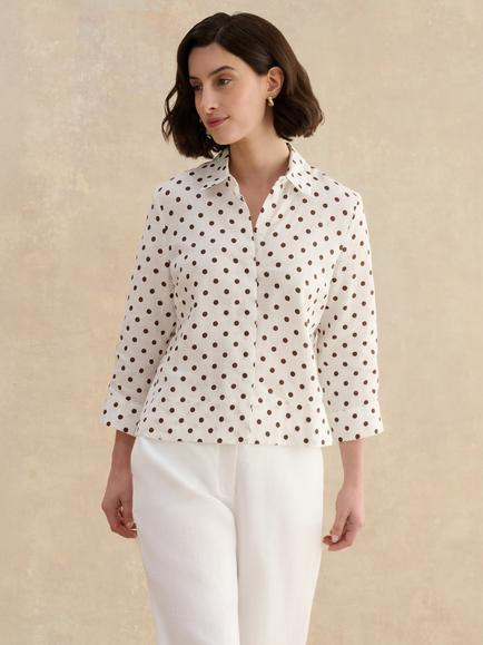 Hobbs Nita Spot Linen Shirt, Ivory/Brown, Ivory/Brown