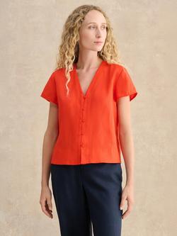 Hobbs Aurelia Pure Linen Short Sleeve Button Front Top, Tomato Red, Tomato Red