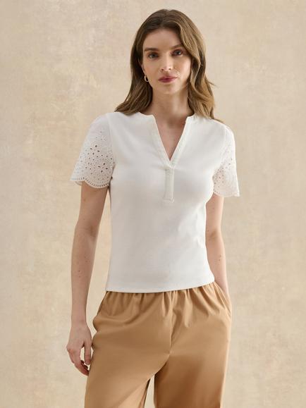 Hobbs Daphne V-Neck Broderie Sleeve Top, White, White
