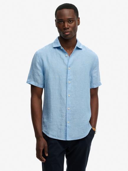 Superdry Riviera Regular Fit Short Sleeve Linen Shirt, Sky Blue Chambray