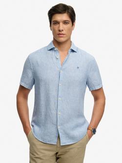 Superdry Riviera Regular Fit Stripe Short Sleeve Linen Shirt, Blue Chalk, Blue Chalk