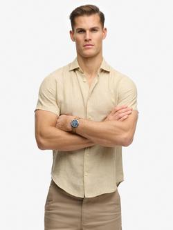 Superdry Riviera Regular Fit Short Sleeve Linen Shirt, Tan Chambray