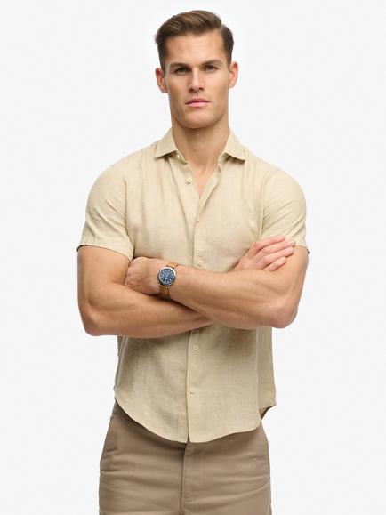 Superdry Riviera Regular Fit Short Sleeve Linen Shirt, Tan Chambray
