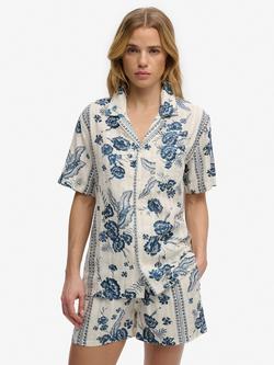 Superdry Beach Printed Short Sleeve Shirt, Cream/Blue, Cream/Blue