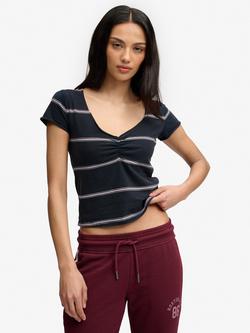 Superdry Athletic Essentials Gathered Pattern Top, Pink/Navy, Pink/Navy