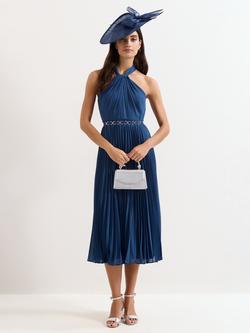 Phase Eight Petite Sathia Halterneck Pleated Dress, Indigo, Indigo