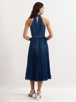 Phase Eight Petite Sathia Halterneck Pleated Dress, Indigo - view 2, Indigo
