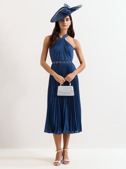 Phase Eight Sathia Halterneck Pleated Dress, Indigo, Indigo