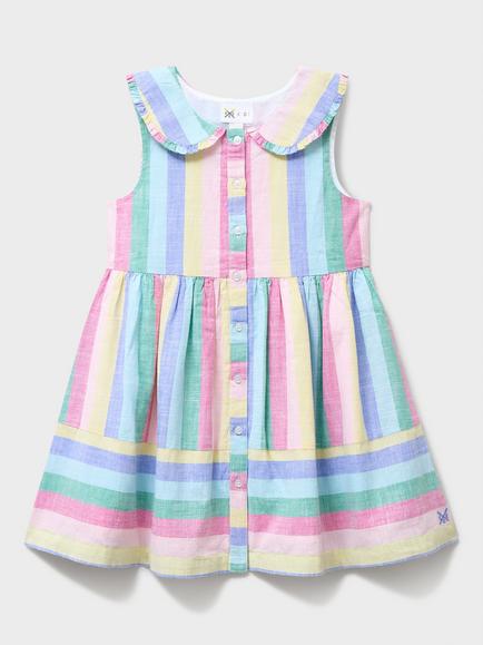 Crew Clothing Kids' Cotton Stripe Tiered Dress, White/Multi, White/Multi