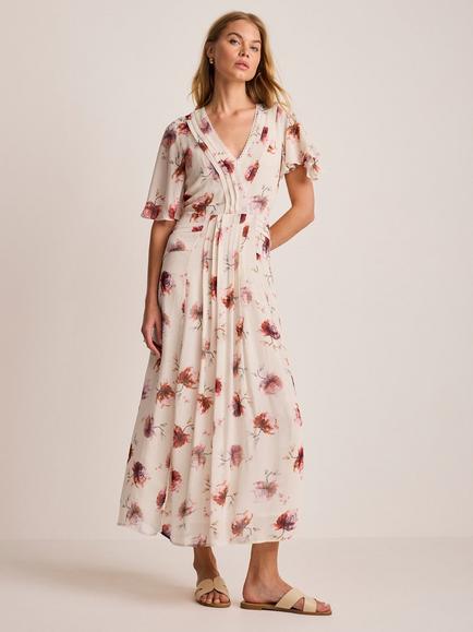 Mint Velvet Floral Print Midi Dress, Natural Cream, Natural Cream