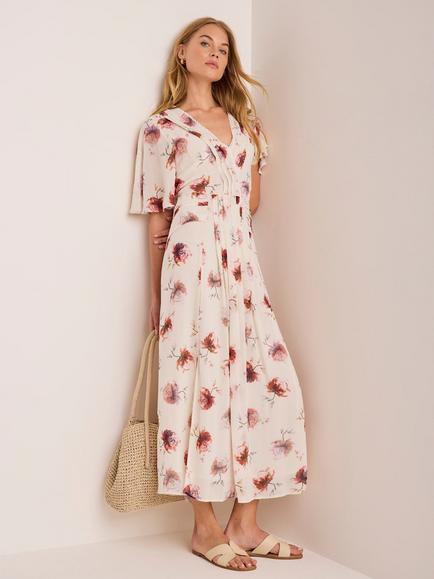 Mint Velvet Floral Print Midi Dress, Natural Cream - view 2, Natural Cream