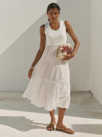 Mint Velvet Crochet Trim Tiered Midi Dress, White Ivory, White Ivory