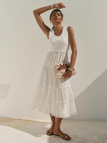 Mint Velvet Crochet Trim Tiered Midi Dress, White Ivory - view 2, White Ivory