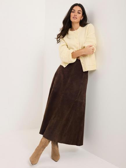 Mint Velvet A-Line Pure Suede Midi Skirt, Brown, Brown