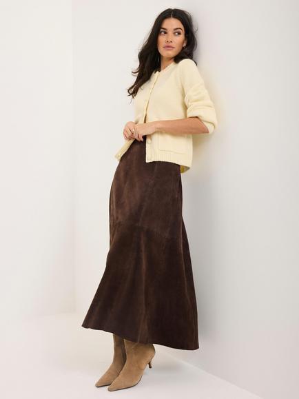 Mint Velvet A-Line Pure Suede Midi Skirt, Brown - view 2, Brown